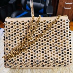 Christian Louboutin Cream and Gold 2ways Crossbody Bag with Studded Design